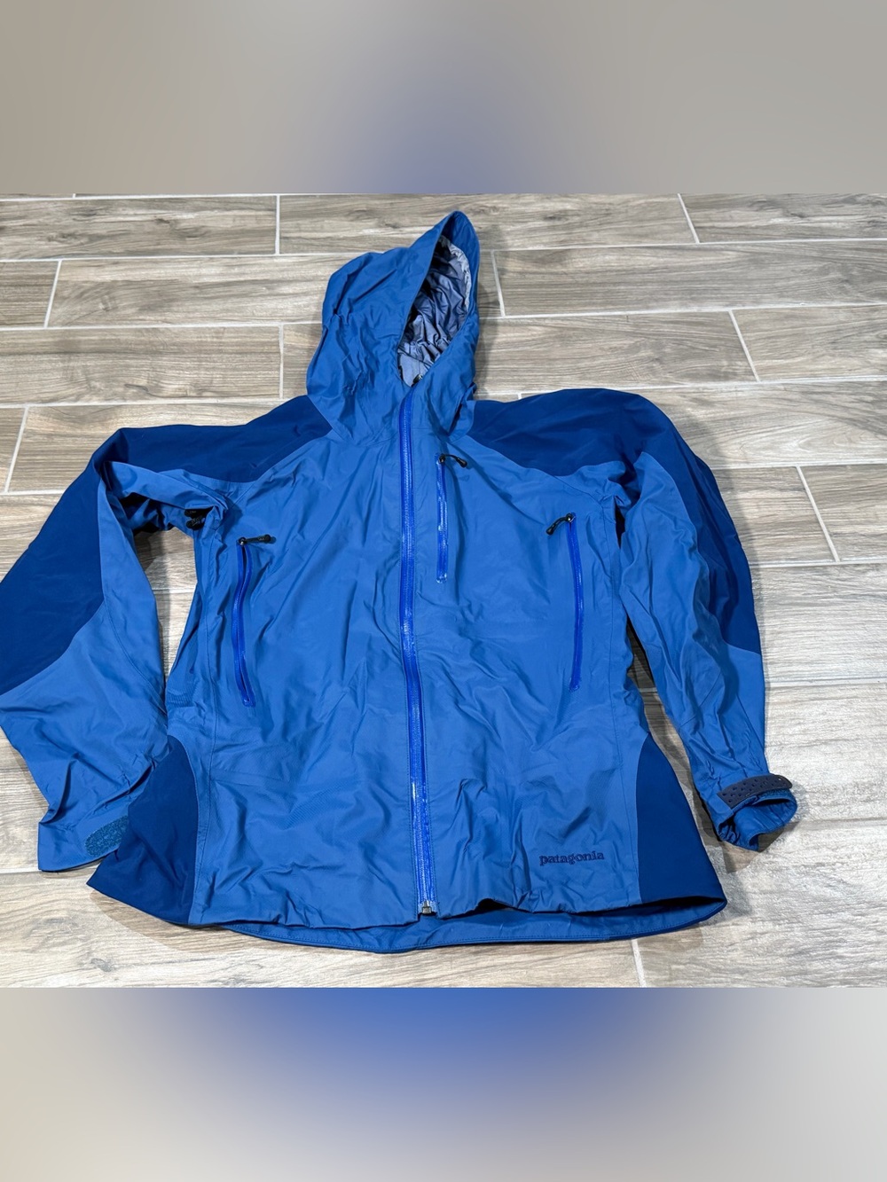 Women Patagonia Super II Rain Hooded Jacket Blue Vintage Lightweight Hiking